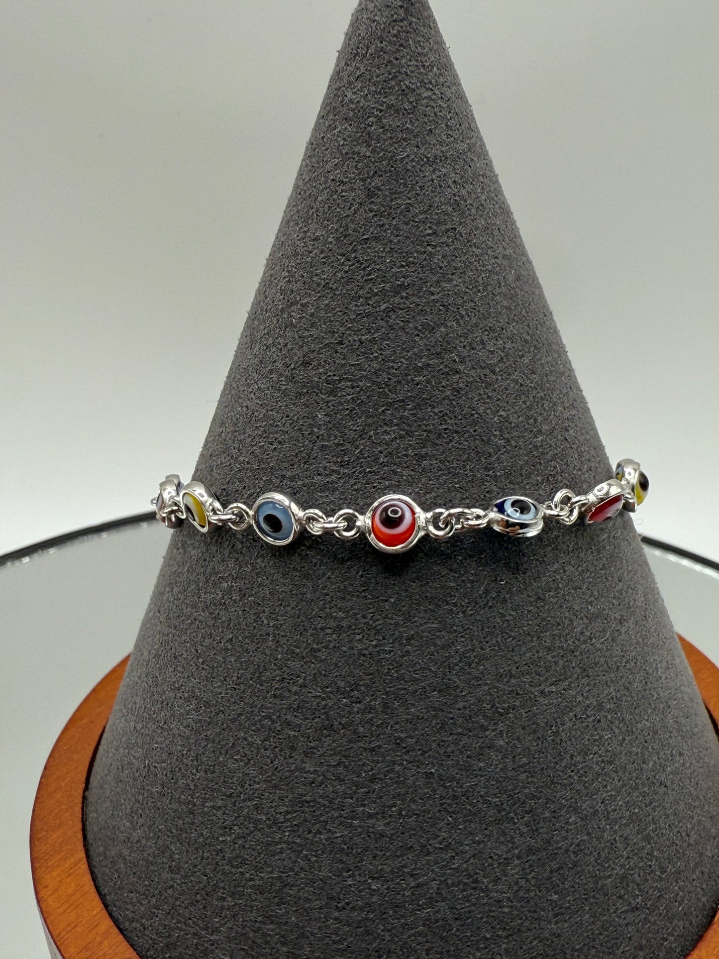 925 Sterling Silver Fifteen Multi Color Evil Eye Charm Adjustable Bracelet