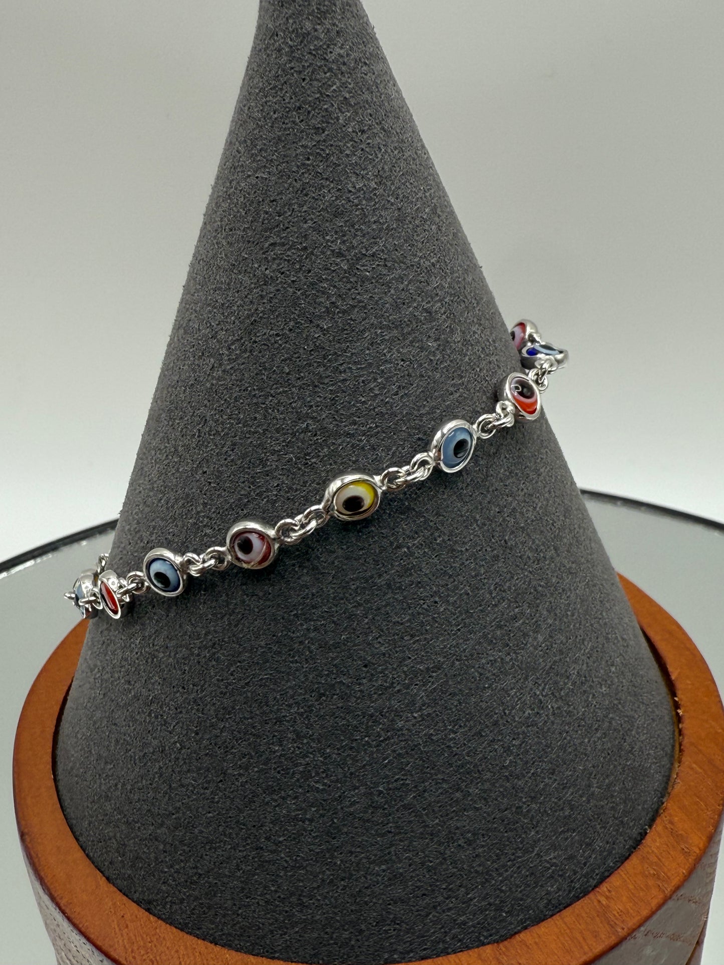 925 Sterling Silver Fifteen Multi Color Evil Eye Charm Adjustable Bracelet