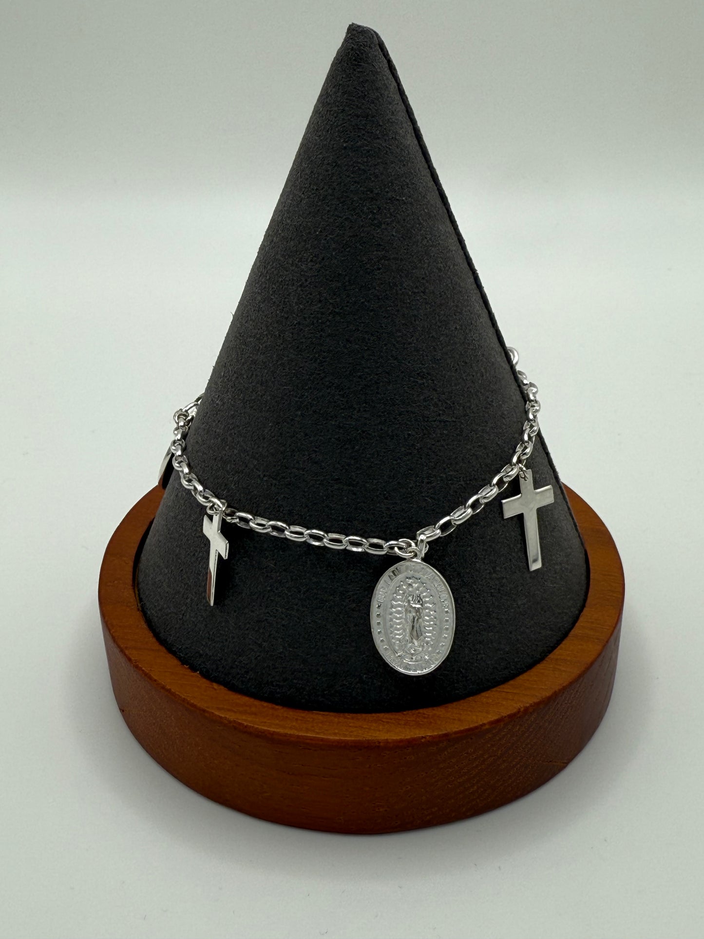 925 Sterling Silver Guadalupe and Cross Adjustable Bracelet