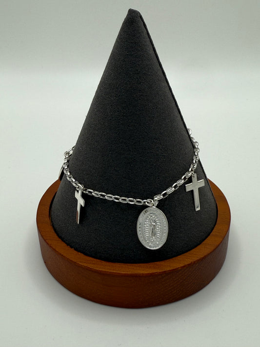 925 Sterling Silver Guadalupe and Cross Adjustable Bracelet