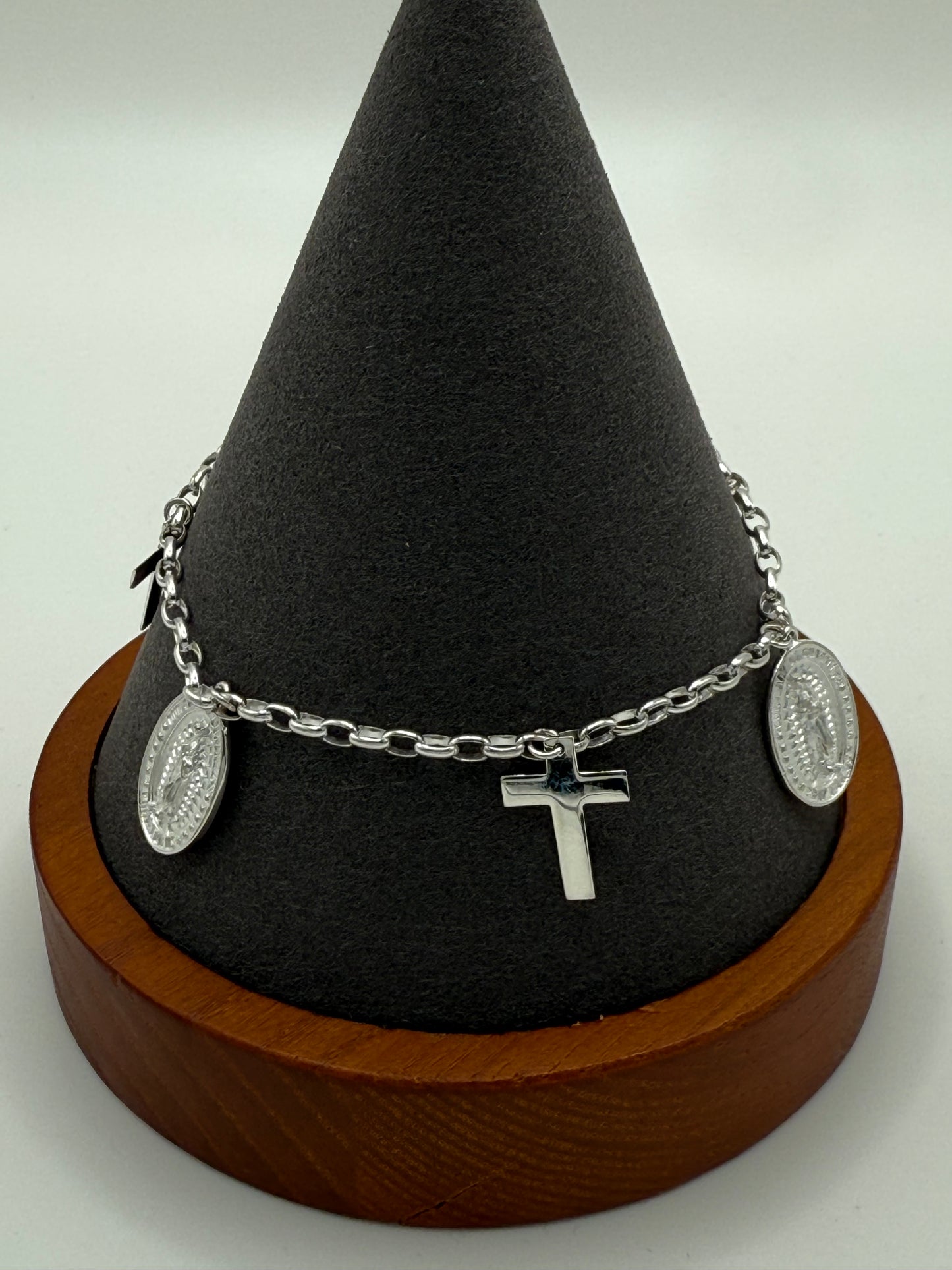 925 Sterling Silver Guadalupe and Cross Adjustable Bracelet