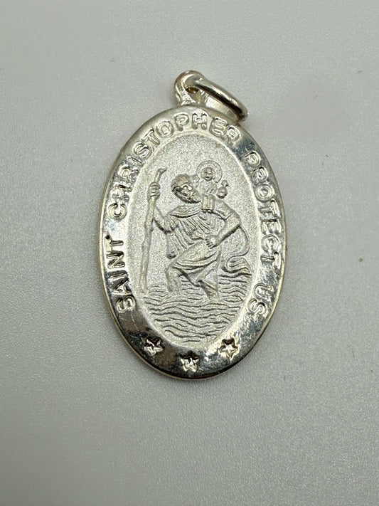 925 Sterling Silver High Polished Sandblasted Saint Christopher Pendant