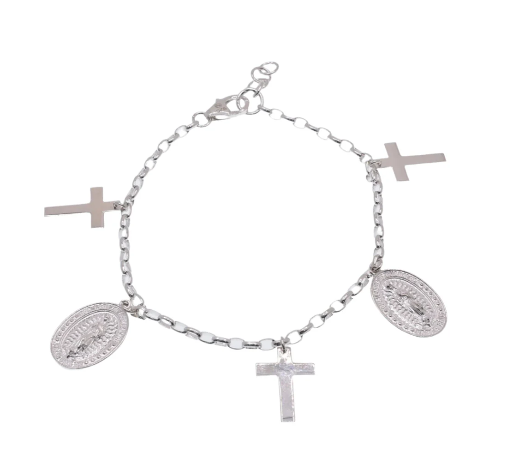 925 Sterling Silver Guadalupe and Cross Adjustable Bracelet