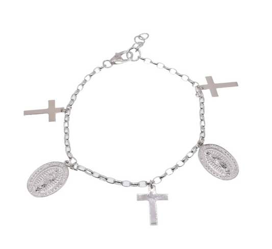 925 Sterling Silver Guadalupe and Cross Adjustable Bracelet