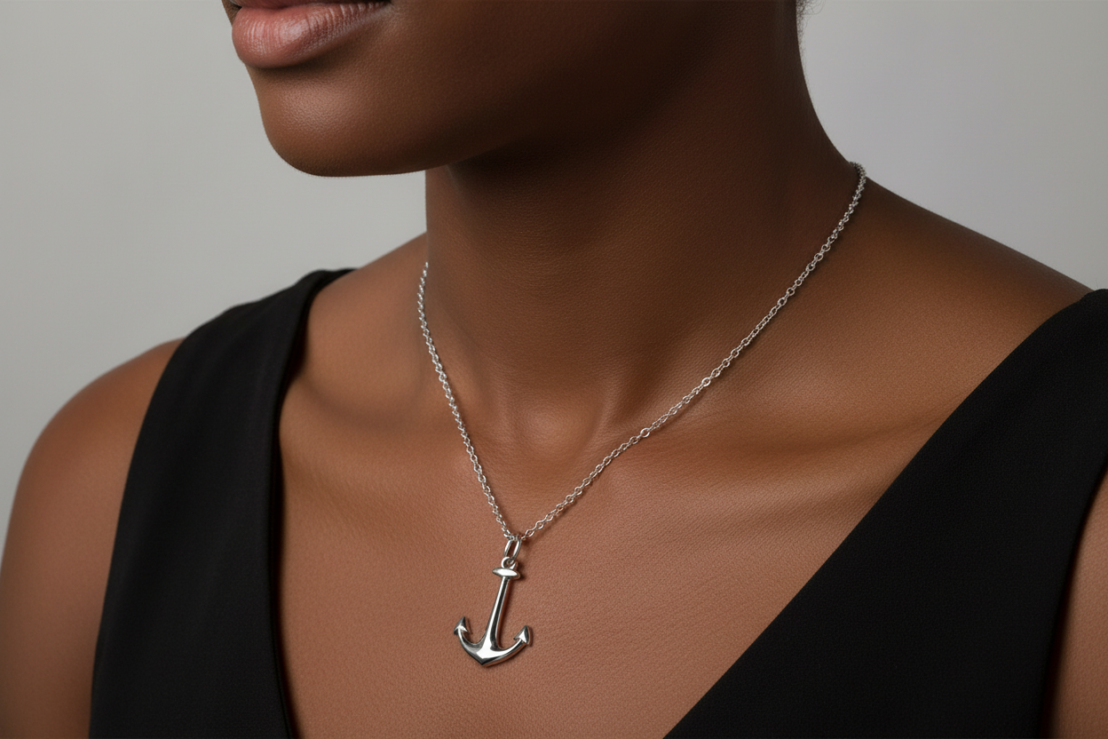 925 Silver Rhodium Plated Anchor Pendant Necklace