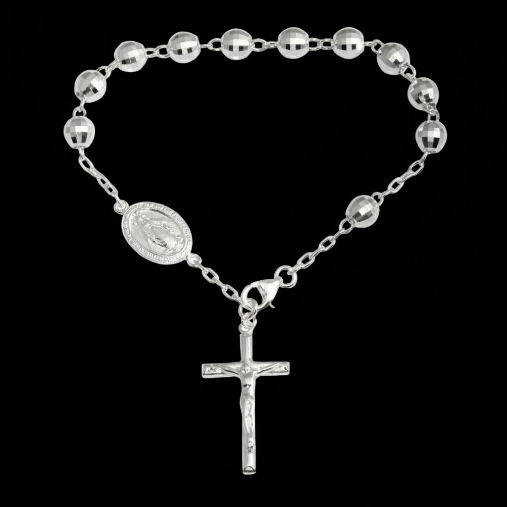 High Polished 925 Sterling Silver Diamond Cut Rosary Bracelet