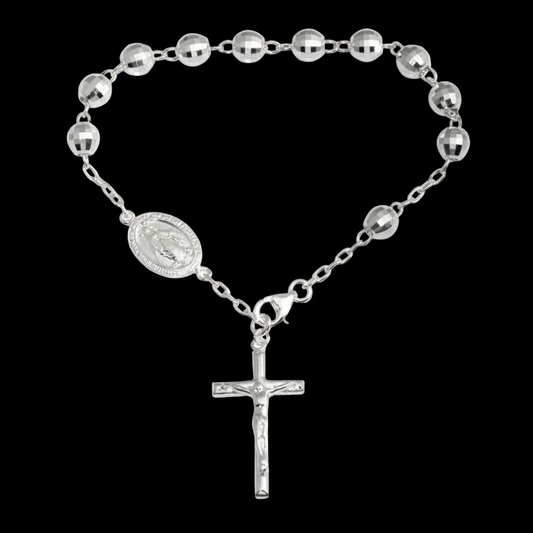 High Polished 925 Sterling Silver Diamond Cut Rosary Bracelet