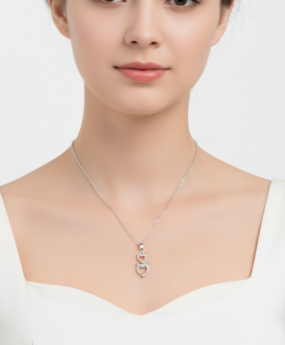 925 Silver 2 Heart Drop Mounting Necklace