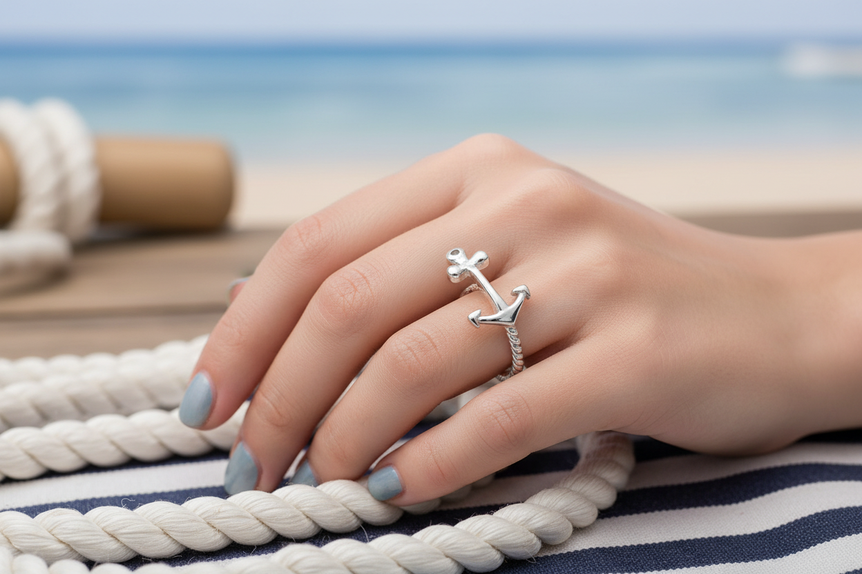 925 Silver Rhodium Plated Anchor Rope Ring