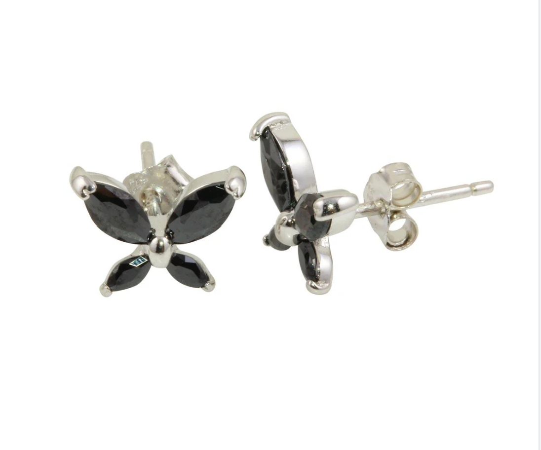 925 Sterling Silver Black Butterfly Stud Earrings