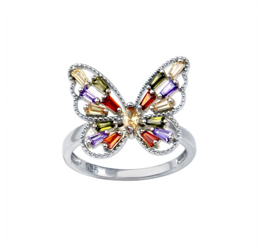 925 Sterling Silver Multi Color Baguette CZ Butterfly Ring