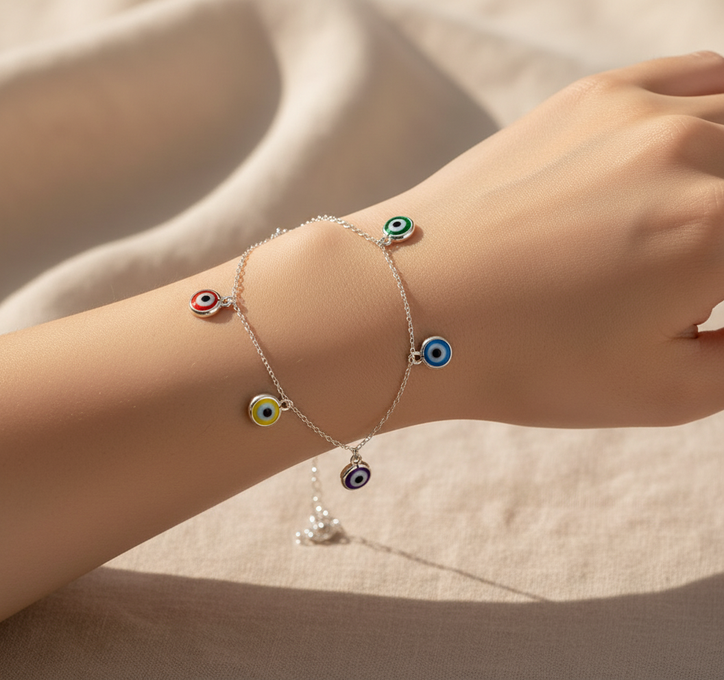 925 Sterling Silver Multicolored Dangling Evil Eye Bracelet