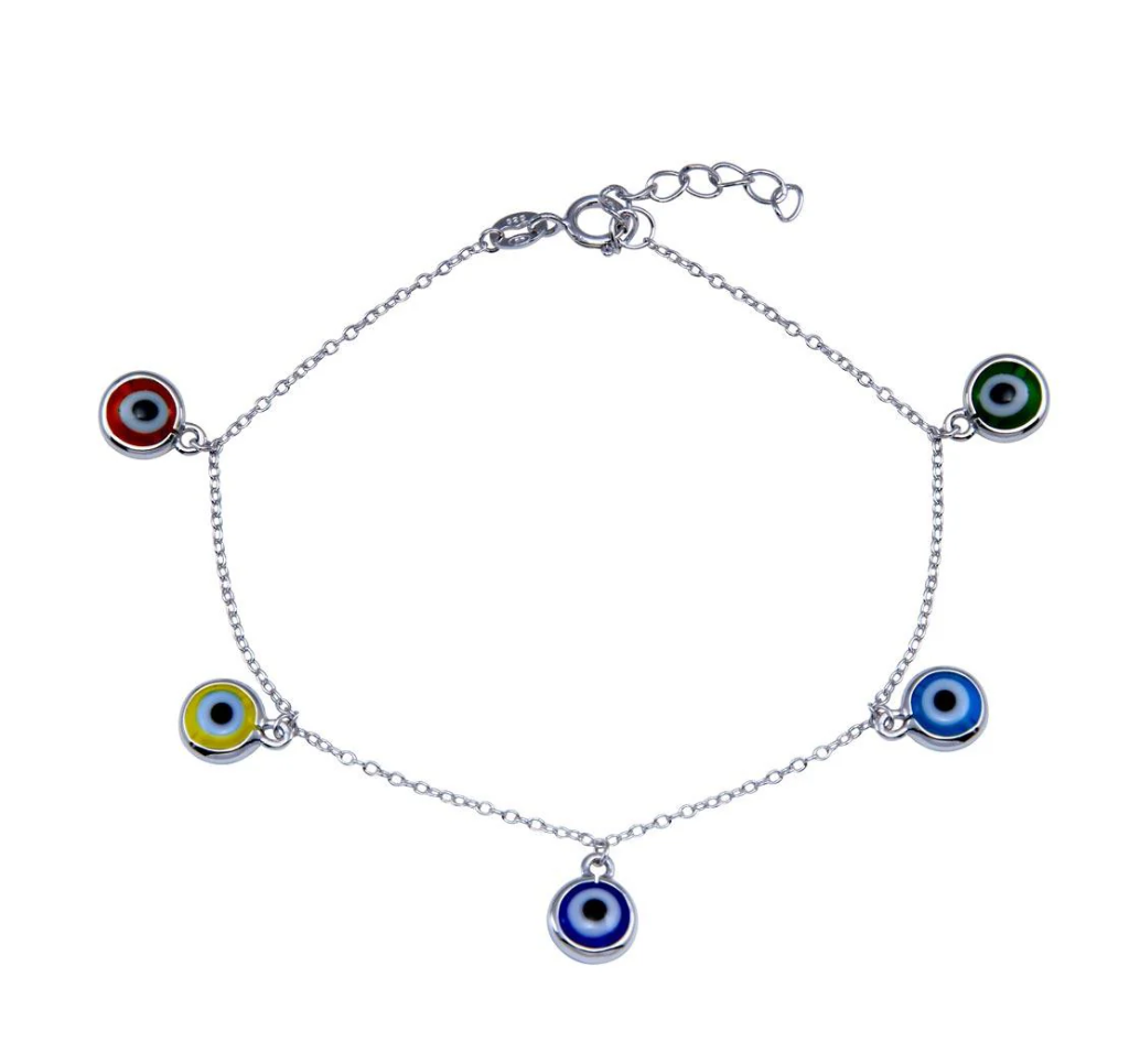 925 Sterling Silver Multicolored Dangling Evil Eye Bracelet