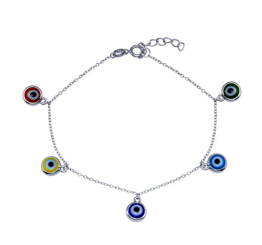 925 Sterling Silver Multicolored Dangling Evil Eye Bracelet