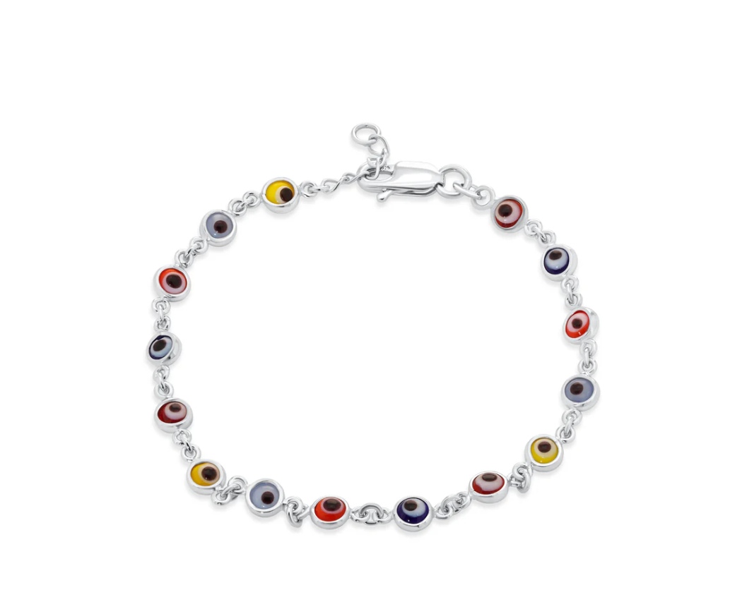 925 Sterling Silver Fifteen Multi Color Evil Eye Charm Adjustable Bracelet