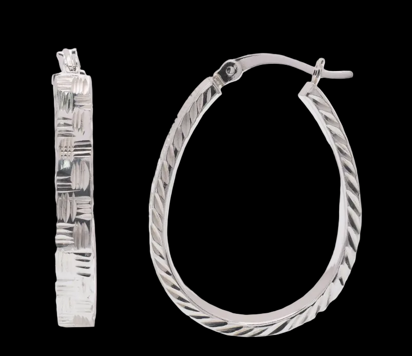 925 Silver Diamond Cut Twisted Oval Hoop Earring